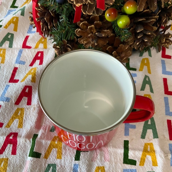 Red Enamel Mug Holiday/Winter white enamel inside, white lettering Hot Cocoa New - Picture 2 of 5